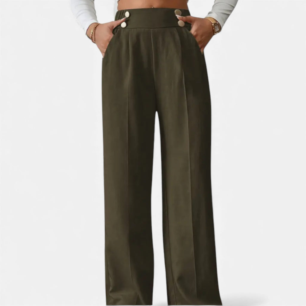 Wide-Leg Button Detail Trousers for Women - Stylish Casual Pants
