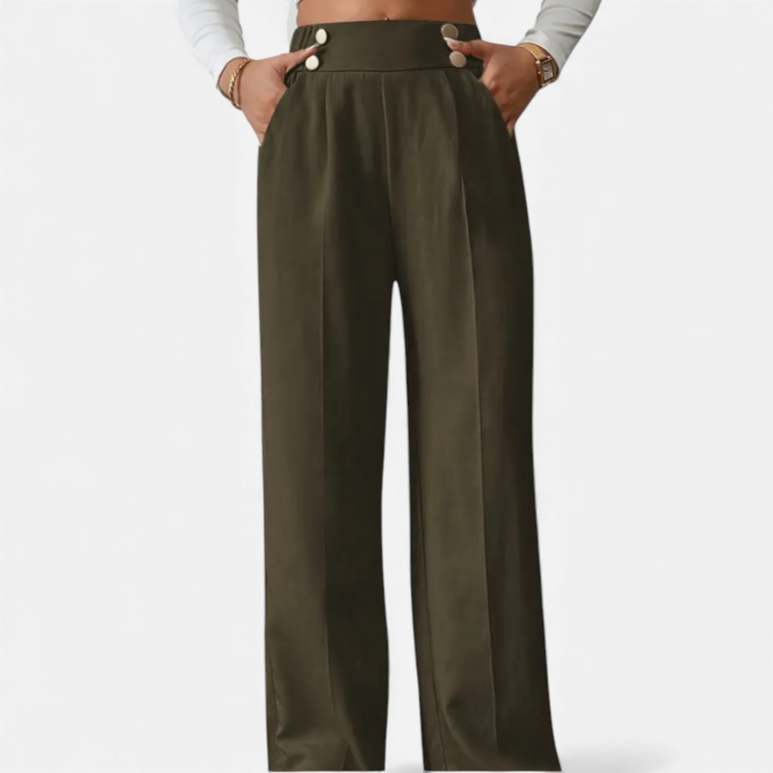 Wide-Leg Button Detail Trousers for Women - Stylish Casual Pants