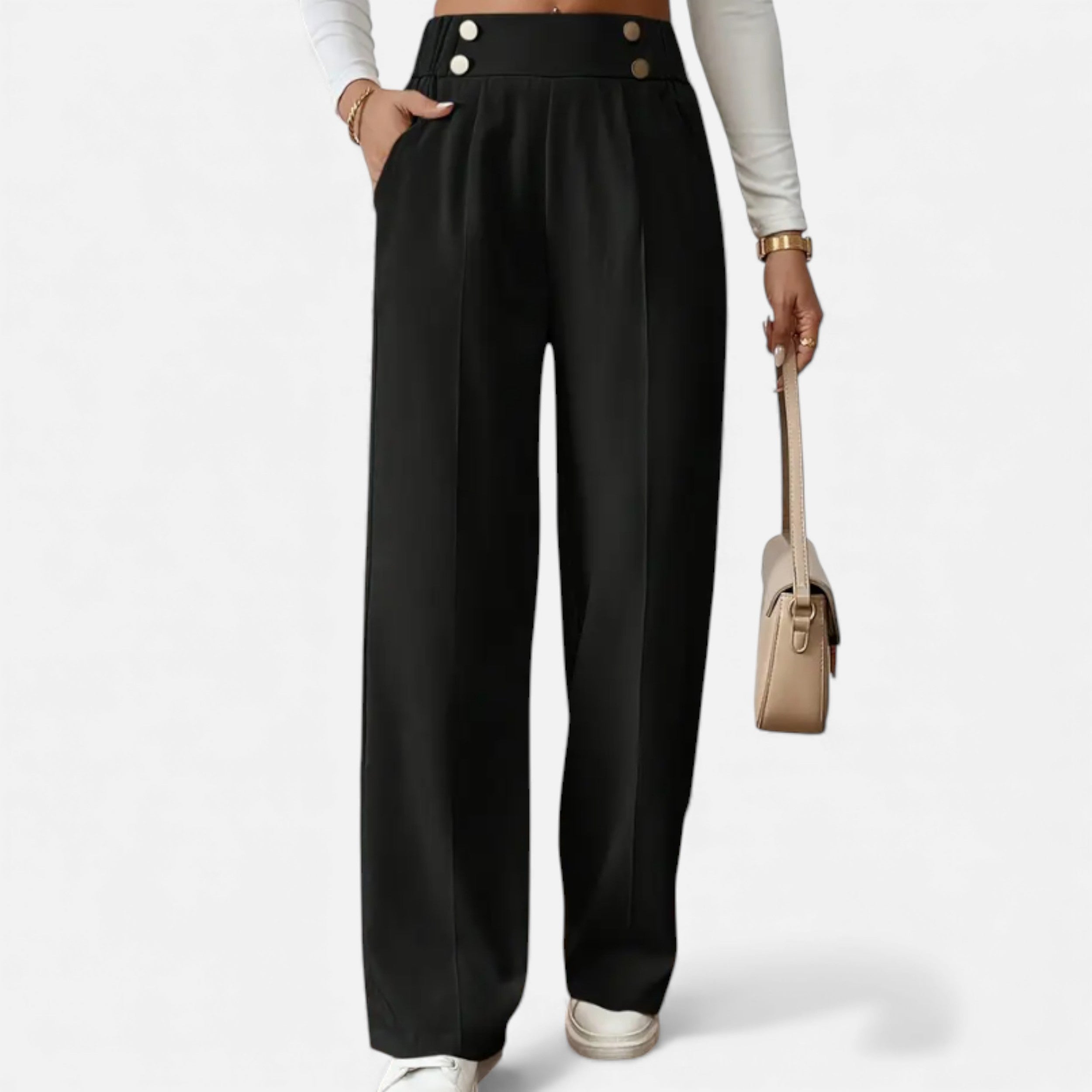 Wide-Leg Button Detail Trousers for Women - Stylish Casual Pants