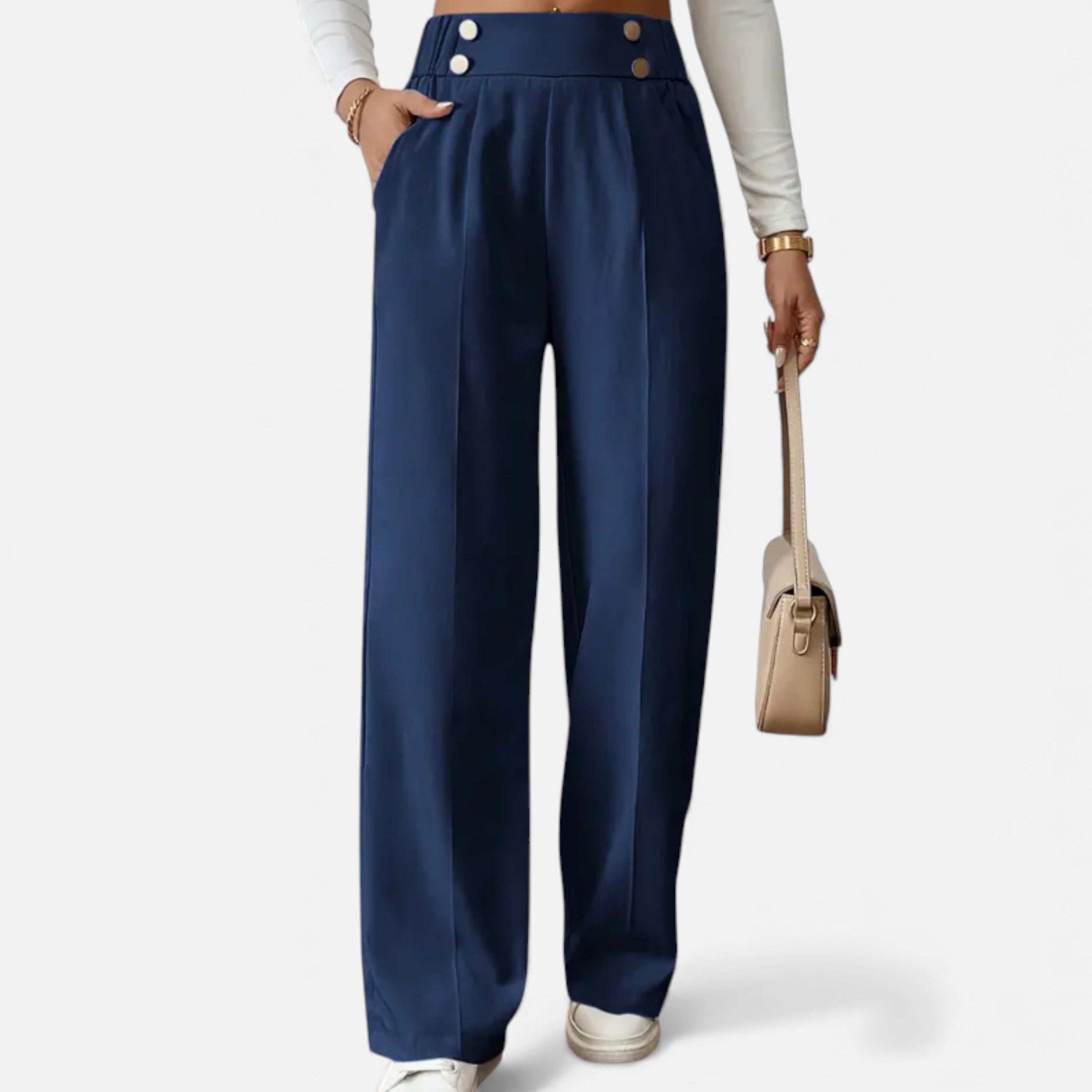 Wide-Leg Button Detail Trousers for Women - Stylish Casual Pants