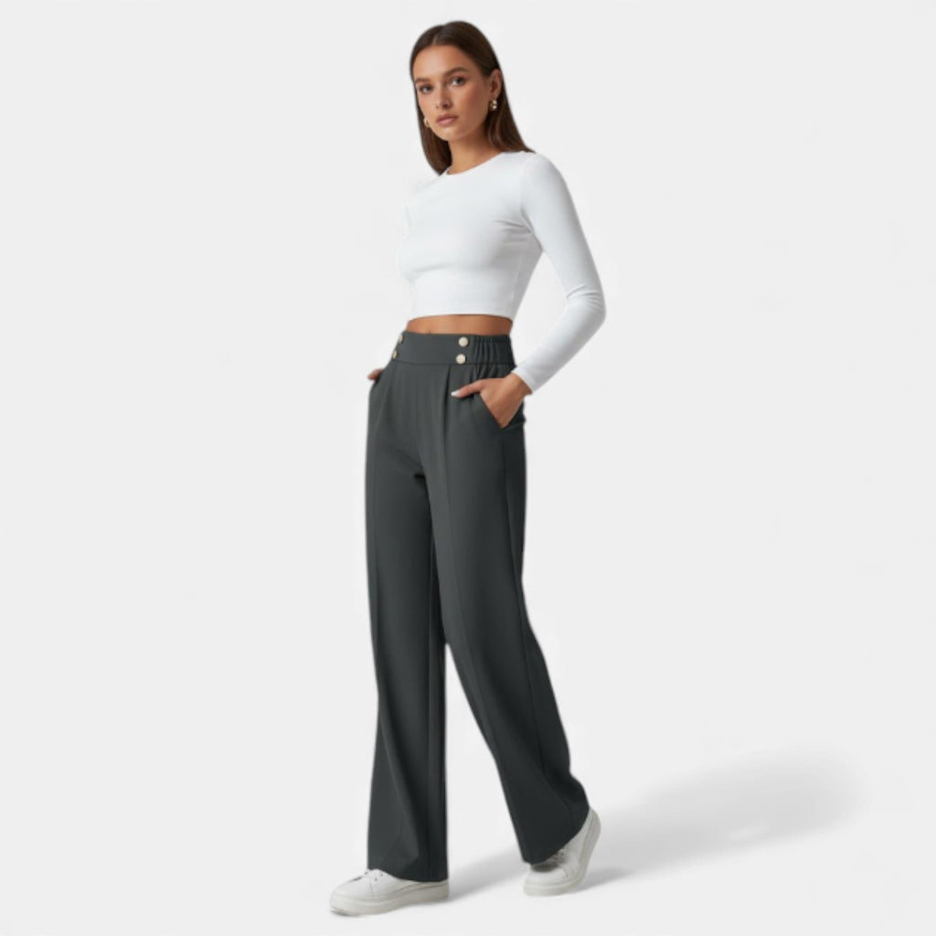 Wide-Leg Button Detail Trousers for Women - Stylish Casual Pants