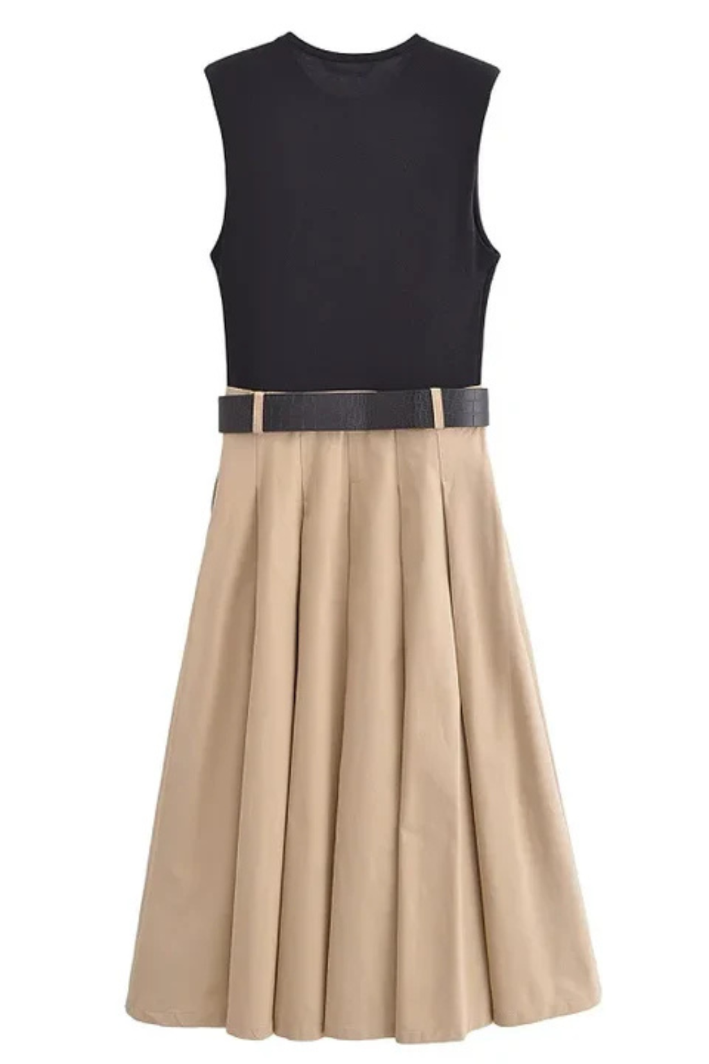 Sleeveless Pleated Midi Summer Dress for Women with Belt - Lightweight Fabric, Casual Style, Perfect for Warm Weather Events