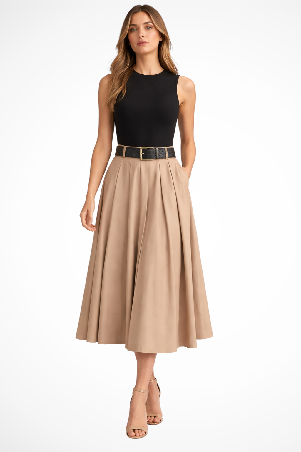 Sleeveless Pleated Midi Summer Dress for Women with Belt - Lightweight Fabric, Casual Style, Perfect for Warm Weather Events