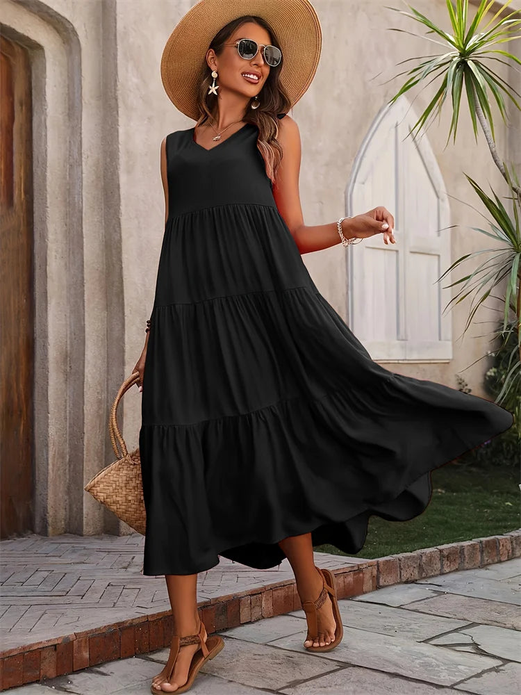Sleeveless Tiered Maxi Dress for Women | Lightweight Summer Fabric | Casual Beachwear Dress
