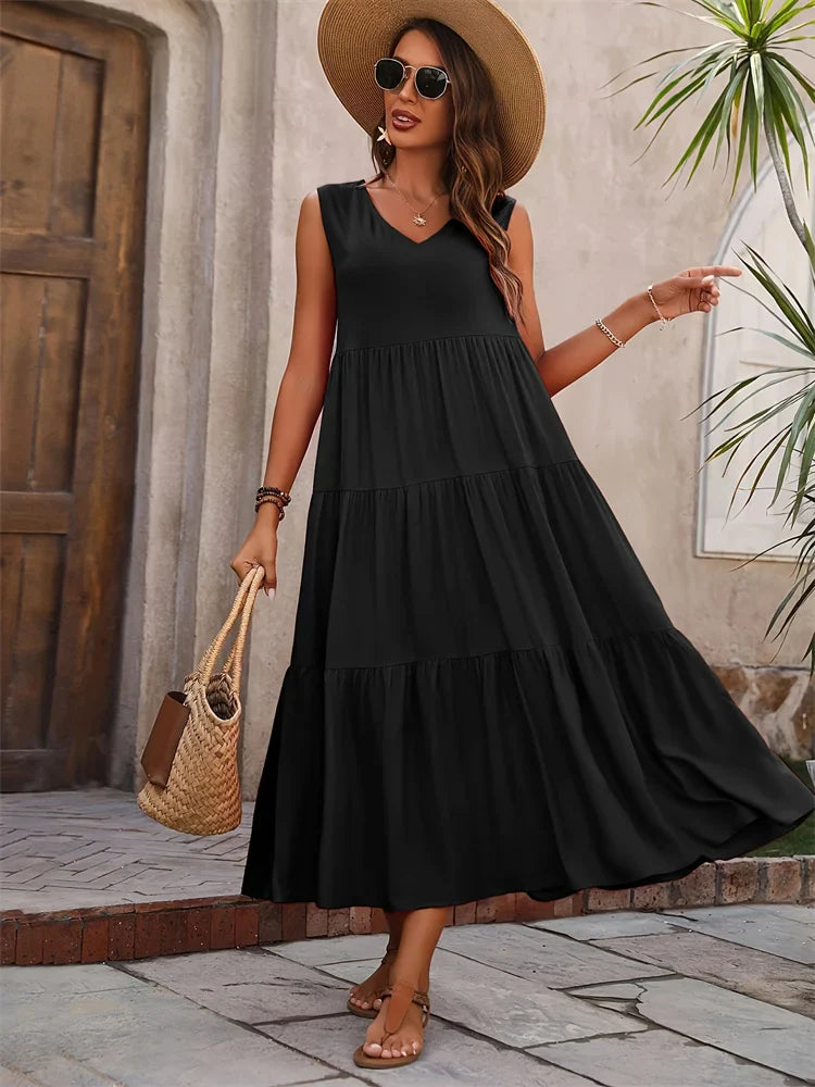 Sleeveless Tiered Maxi Dress for Women | Lightweight Summer Fabric | Casual Beachwear Dress
