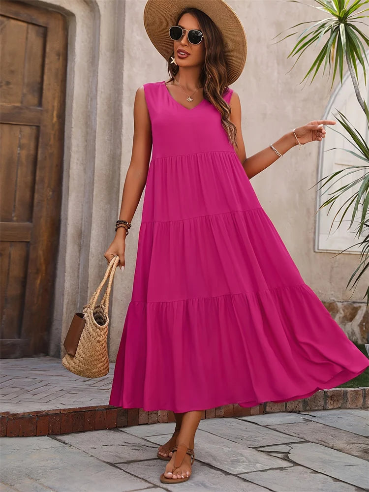 Sleeveless Tiered Maxi Dress for Women | Lightweight Summer Fabric | Casual Beachwear Dress