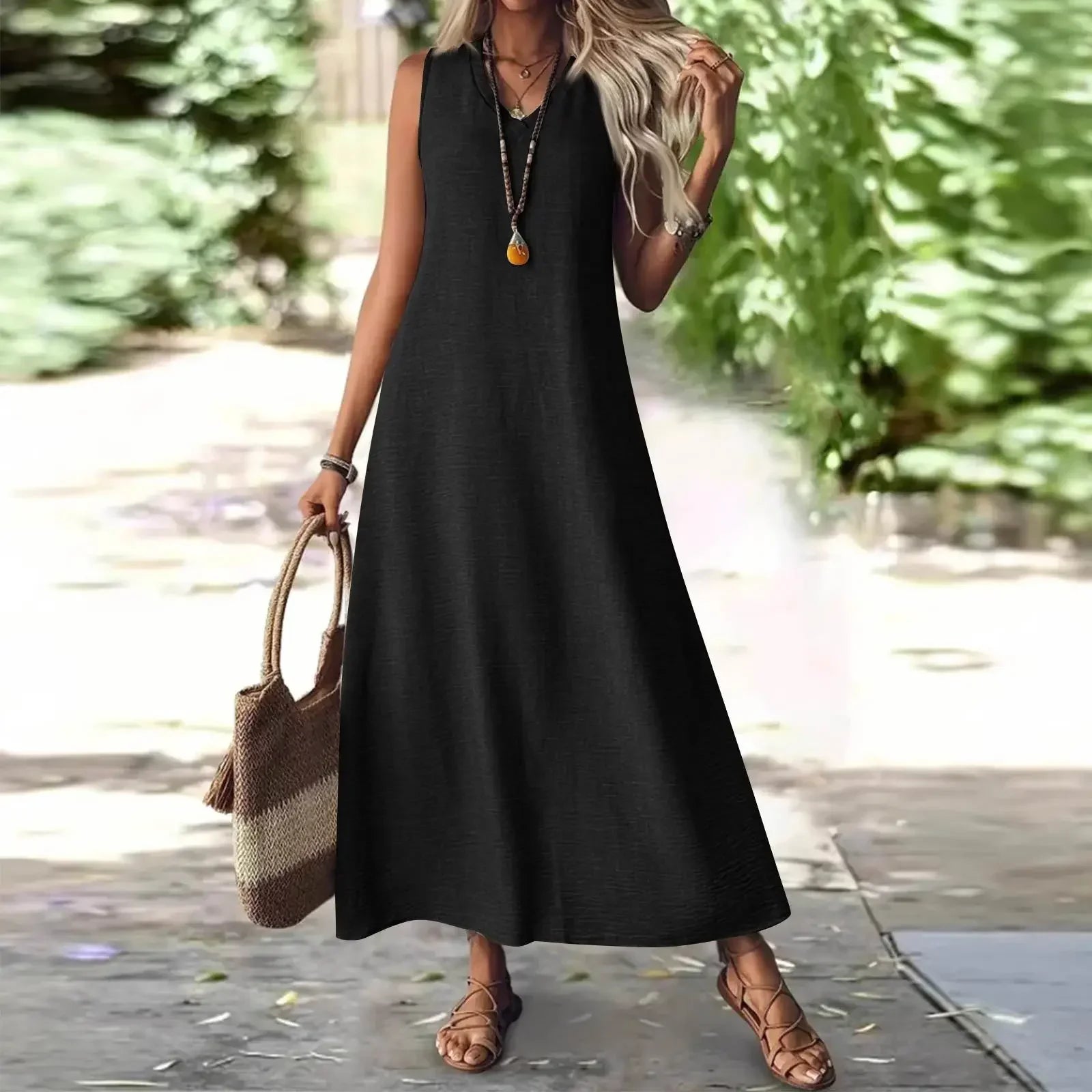 Sleeveless V Neck Maxi Dress for Women | Lightweight Summer Fabric | Casual Beachwear Dress