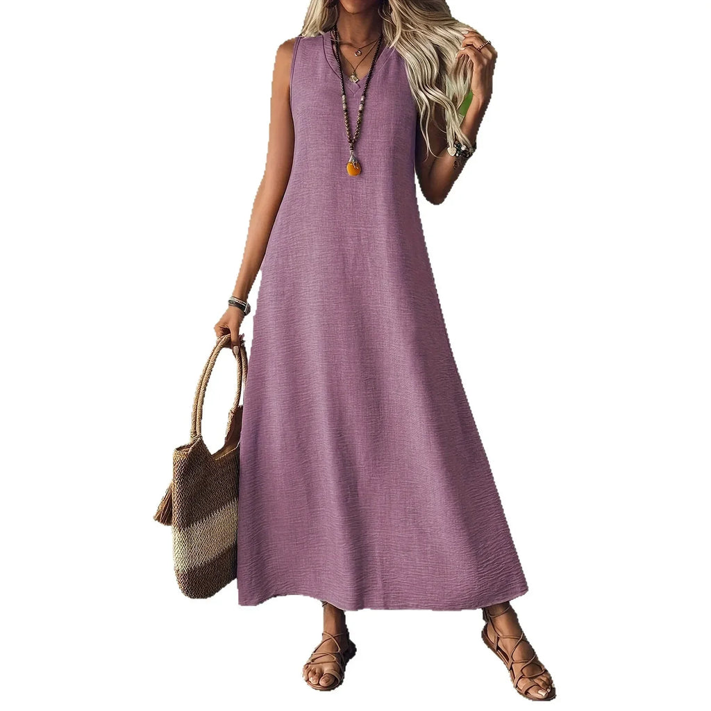 Sleeveless V Neck Maxi Dress for Women | Lightweight Summer Fabric | Casual Beachwear Dress