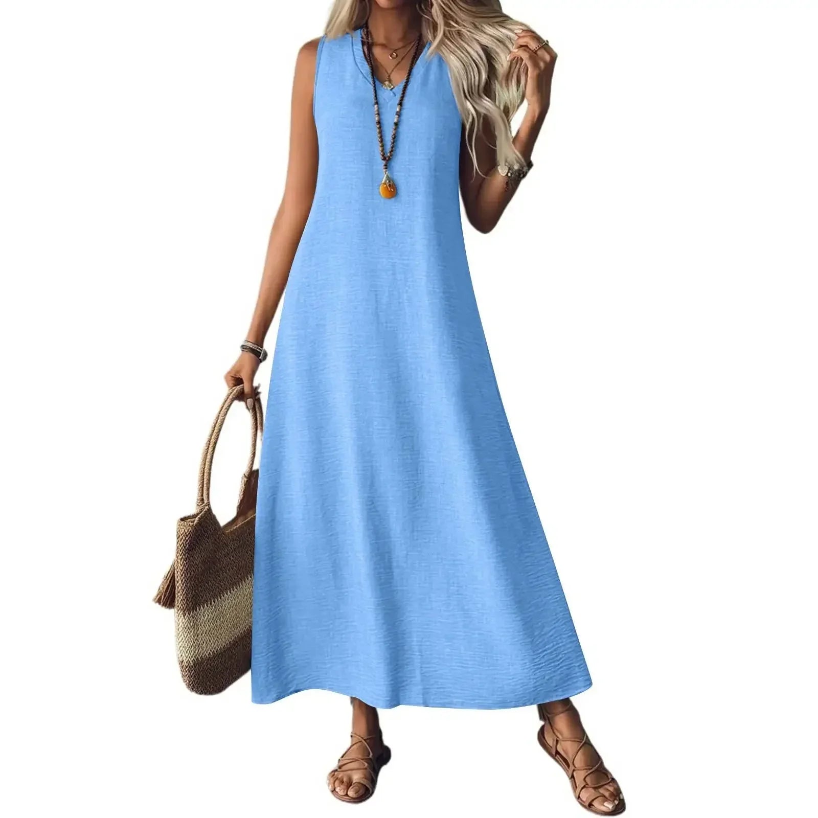 Sleeveless V Neck Maxi Dress for Women | Lightweight Summer Fabric | Casual Beachwear Dress