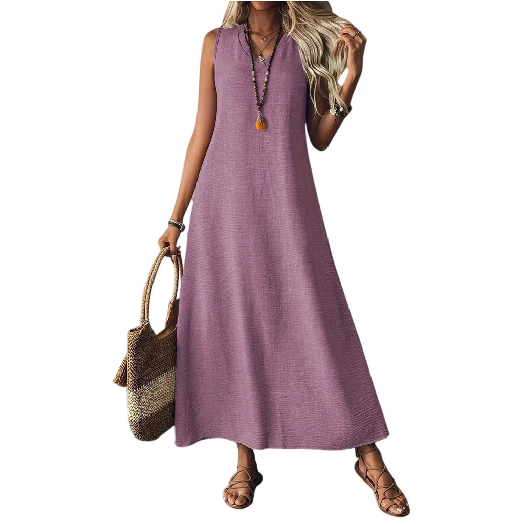 Sleeveless V Neck Maxi Dress for Women | Lightweight Summer Fabric | Casual Beachwear Dress
