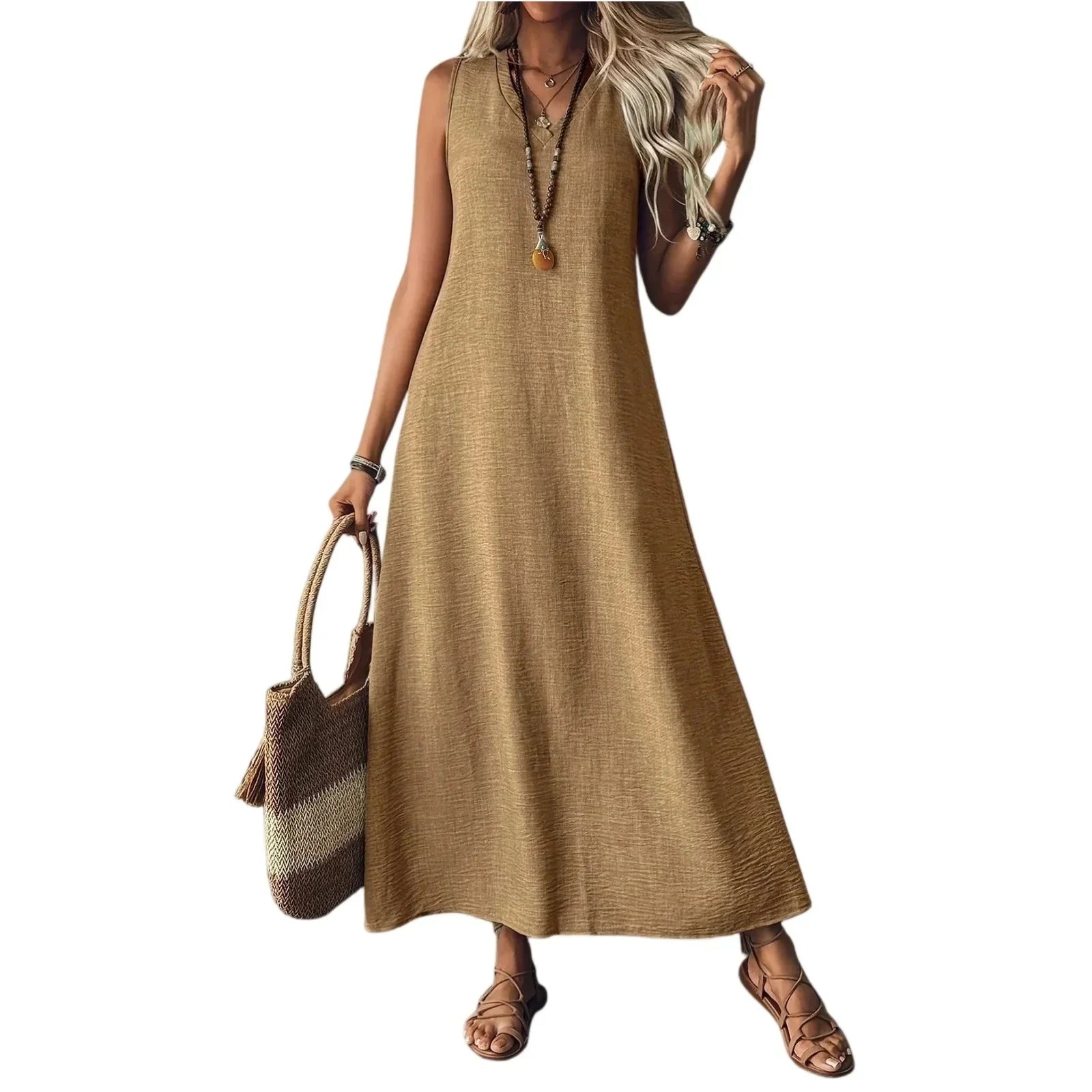 Sleeveless V Neck Maxi Dress for Women | Lightweight Summer Fabric | Casual Beachwear Dress