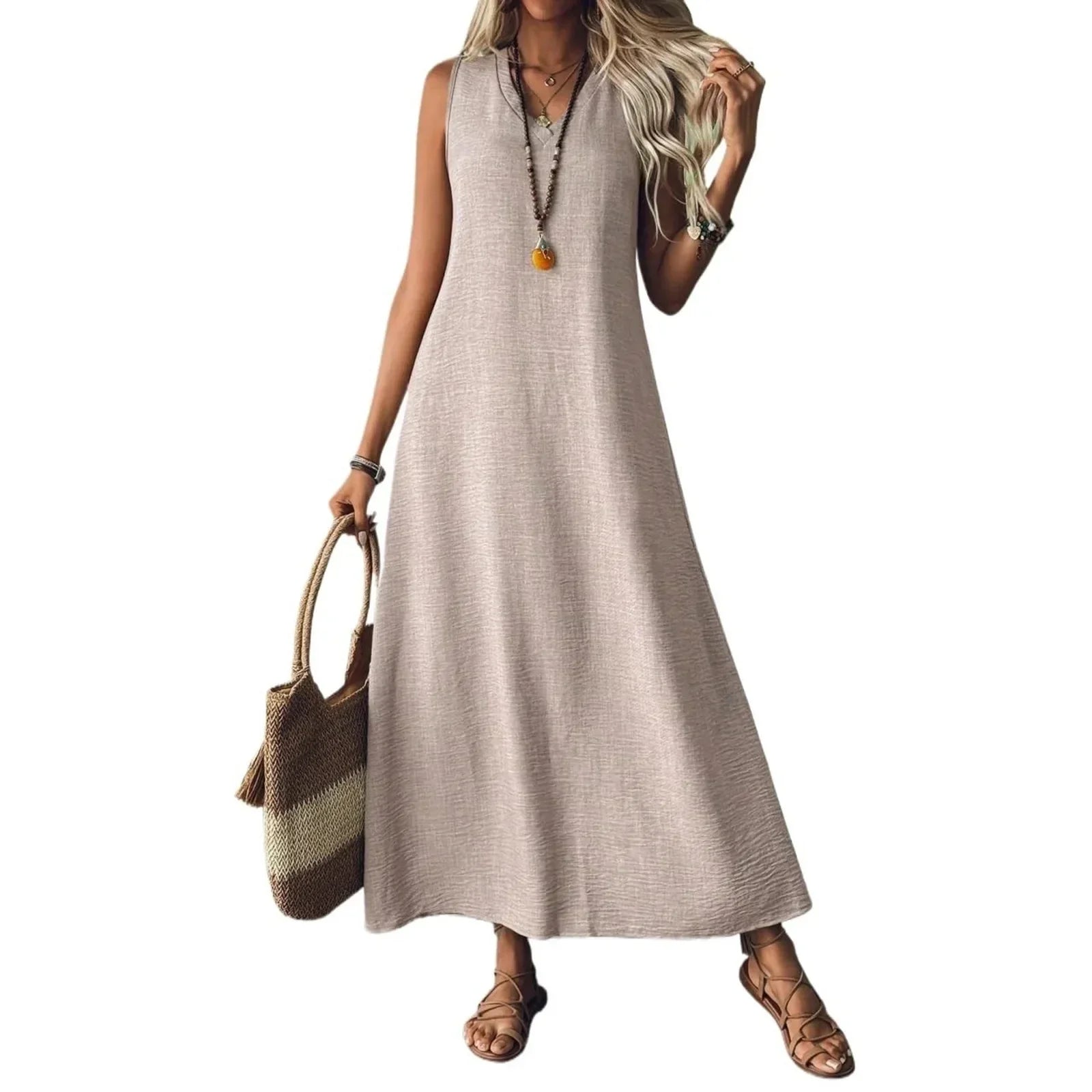 Sleeveless V Neck Maxi Dress for Women | Lightweight Summer Fabric | Casual Beachwear Dress