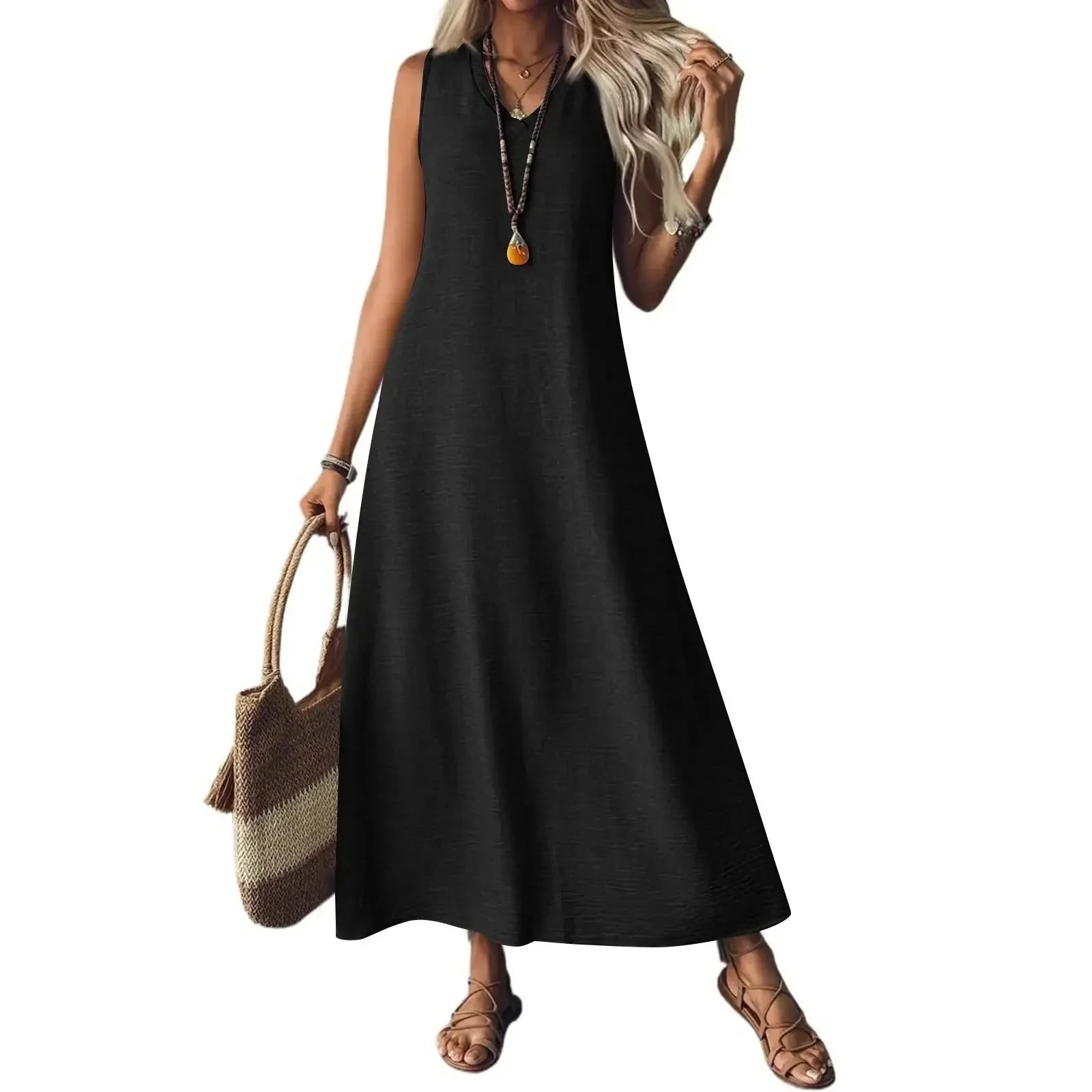 Sleeveless V Neck Maxi Dress for Women | Lightweight Summer Fabric | Casual Beachwear Dress