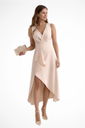 Sleeveless Wrap Midi Dress for Women | Asymmetric Hem | Elegant Wedding Guest Attire