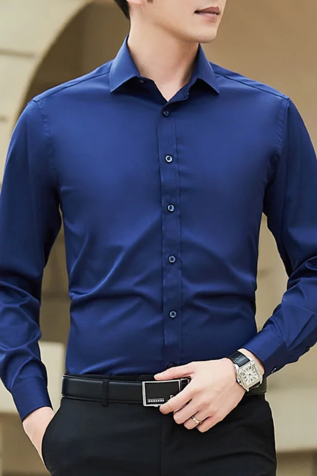 Slim Fit Long Sleeve Business Casual Shirt for Men - Classic Design, Comfortable Cotton Blend, Versatile Workwear