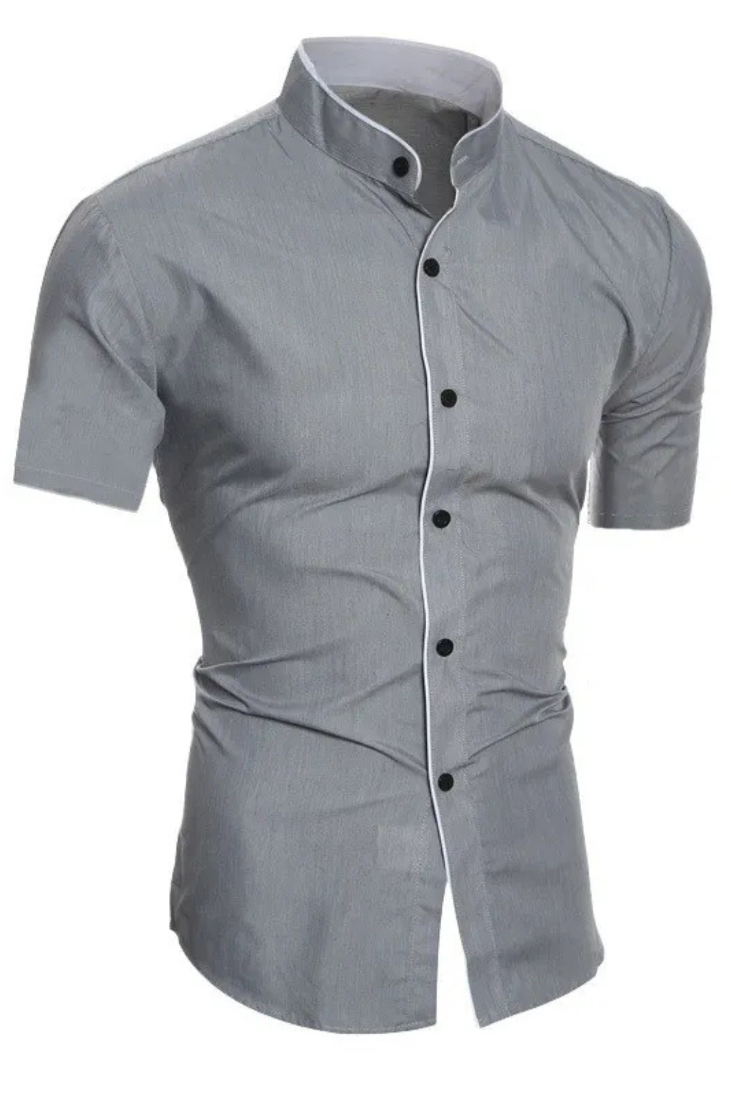 Slim Fit Short Sleeve Button-Up Shirt with Stand Collar for Men - Casual Wear, Lightweight Cotton Blend