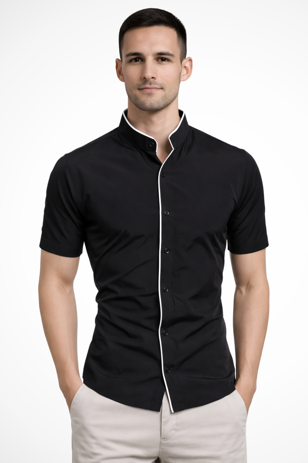 Slim Fit Short Sleeve Button-Up Shirt with Stand Collar for Men - Casual Wear, Lightweight Cotton Blend