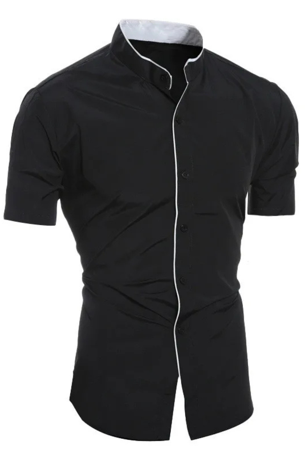 Slim Fit Short Sleeve Button-Up Shirt with Stand Collar for Men - Casual Wear, Lightweight Fabric, Versatile Style