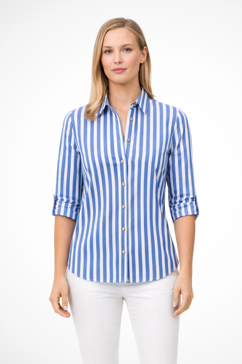 Slim Fit Striped Long Sleeve Blouse for Women - Lightweight Cotton Shirt for Casual or Office Wear