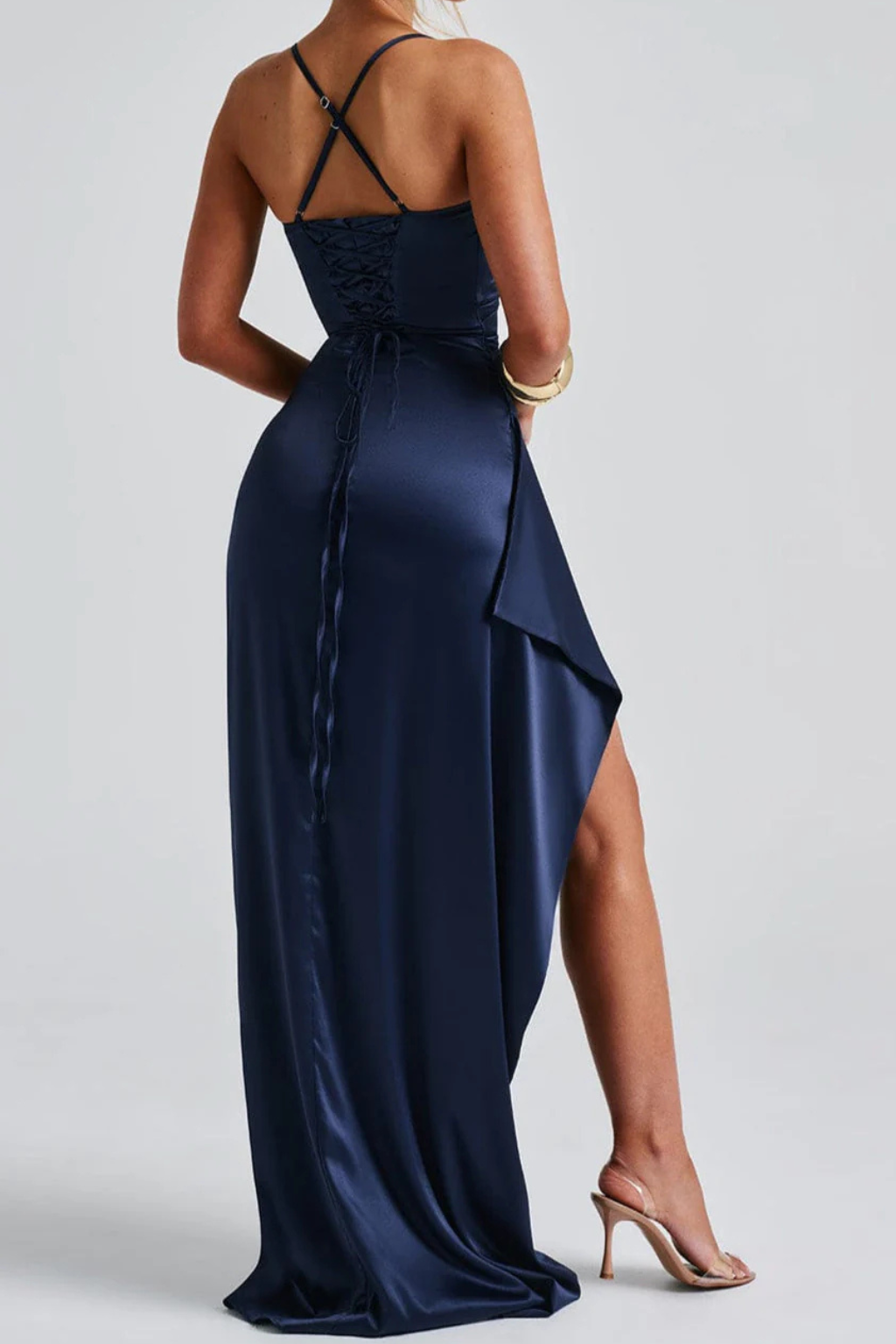 Spaghetti Strap Ruched Maxi Dress with High Slit for Women - Elegant Wedding Guest Attire