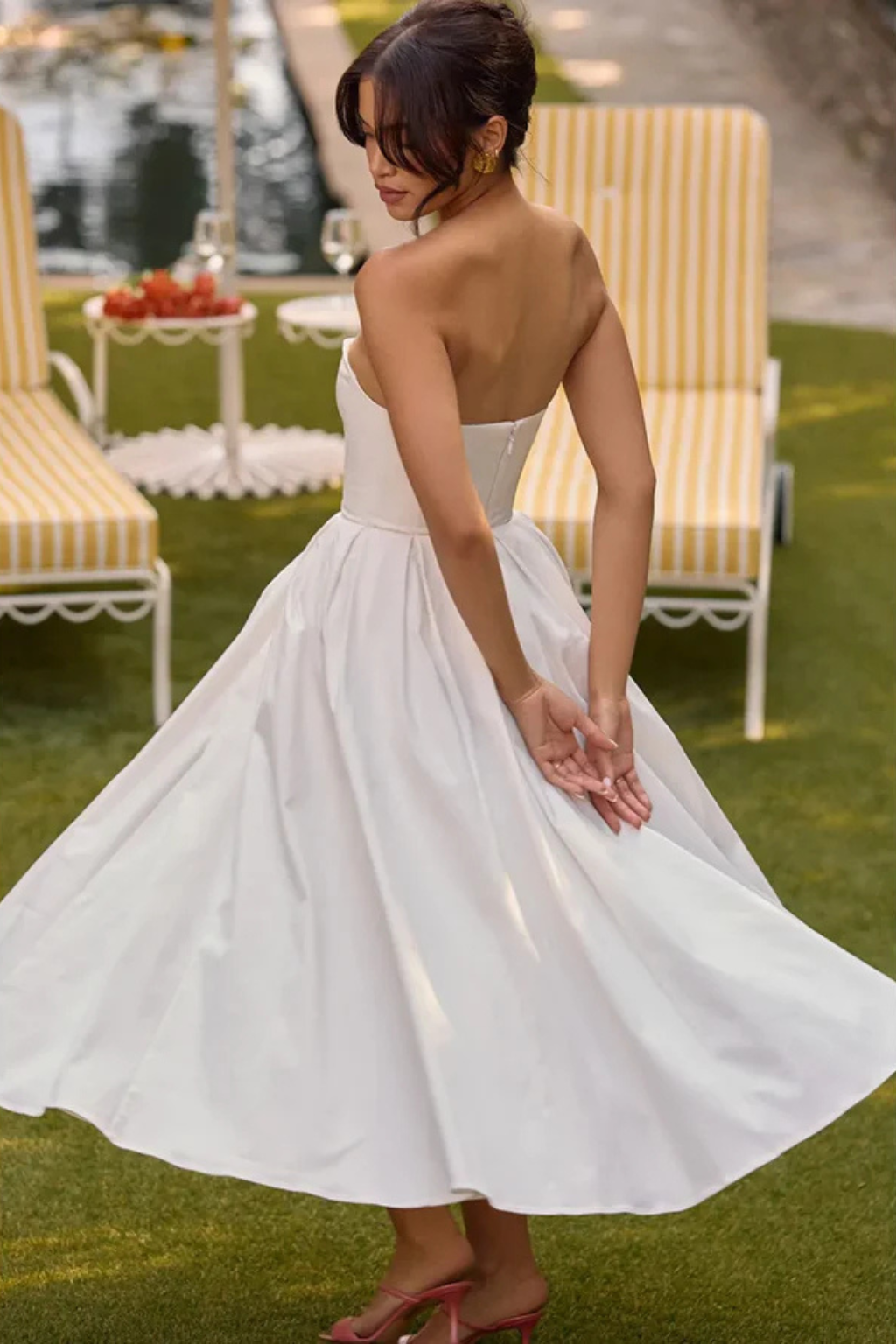 Strapless Corset Midi Dress for Women | Flared Skirt Design | Elegant Evening Wear