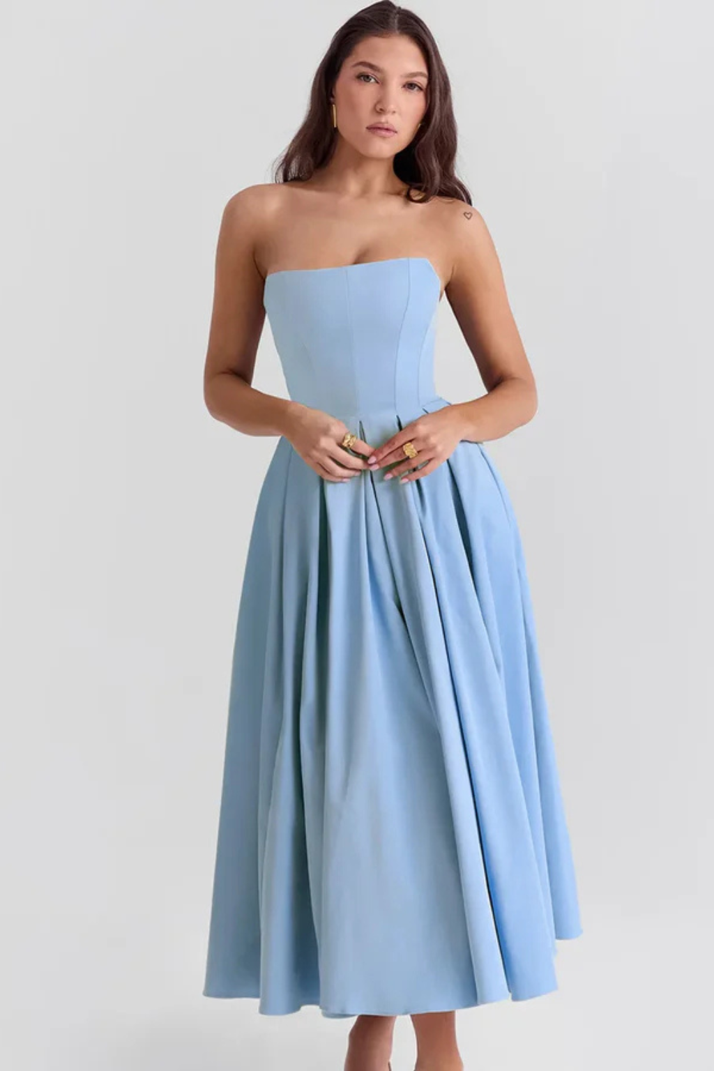 Strapless Corset Midi Dress for Women | Flared Skirt Design | Elegant Evening Wear