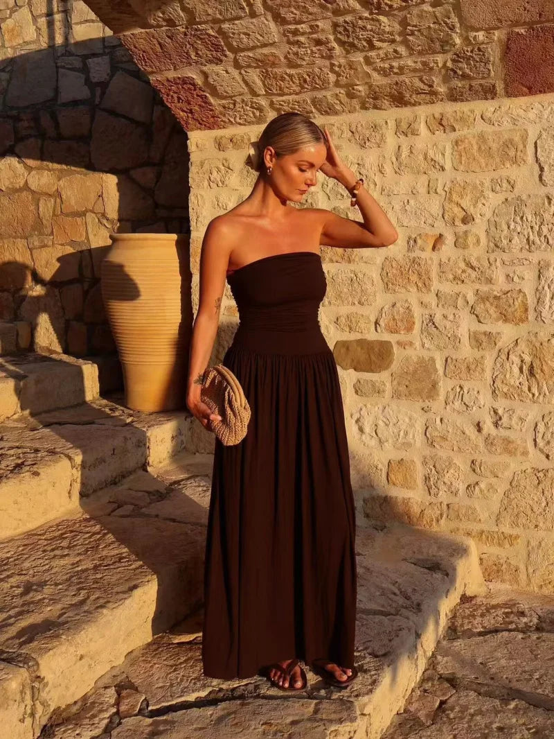 Strapless Pleated Maxi Dress for Women - Lightweight Summer Style for Casual Outings and Beach Wear