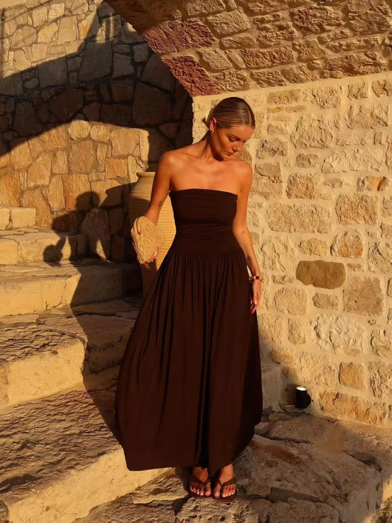 Strapless Pleated Maxi Dress for Women - Lightweight Summer Style for Casual Outings and Beach Wear