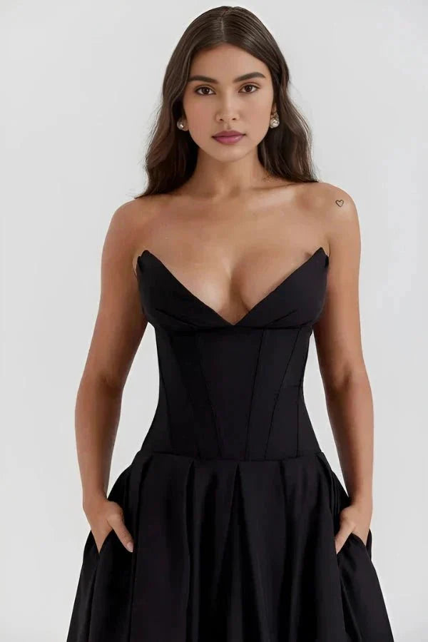 Strapless Structured Midi Dress for Women | Elegant Wedding Guest Attire | Formal Event Outfit in Classic Design