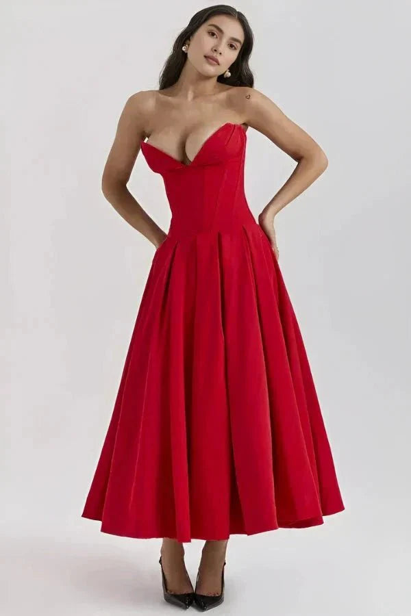 Strapless Structured Midi Dress for Women | Elegant Wedding Guest Attire | Formal Event Outfit in Classic Design