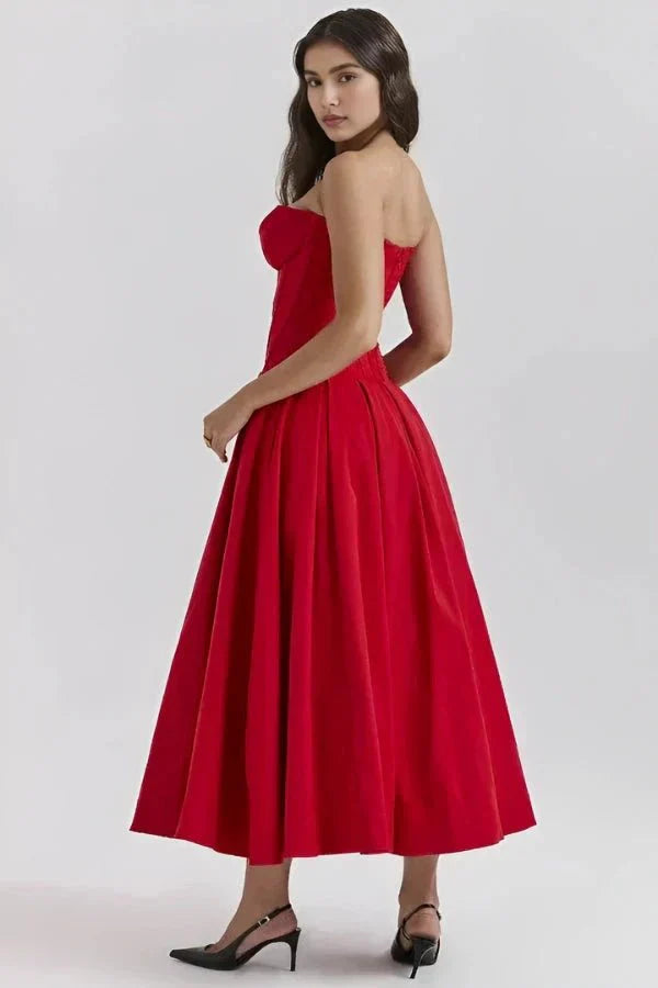 Strapless Structured Midi Dress for Women | Elegant Wedding Guest Attire | Formal Event Outfit in Classic Design