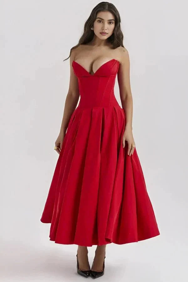 Strapless Structured Midi Dress for Women | Elegant Wedding Guest Attire | Formal Event Outfit in Classic Design