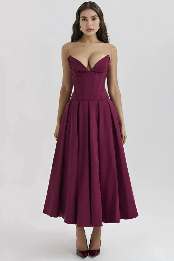 Strapless Structured Midi Dress for Women | Elegant Wedding Guest Attire | Formal Event Outfit in Classic Design
