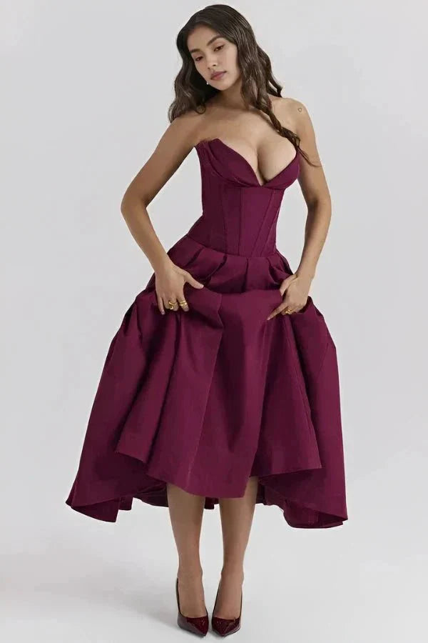 Strapless Structured Midi Dress for Women | Elegant Wedding Guest Attire | Formal Event Outfit in Classic Design