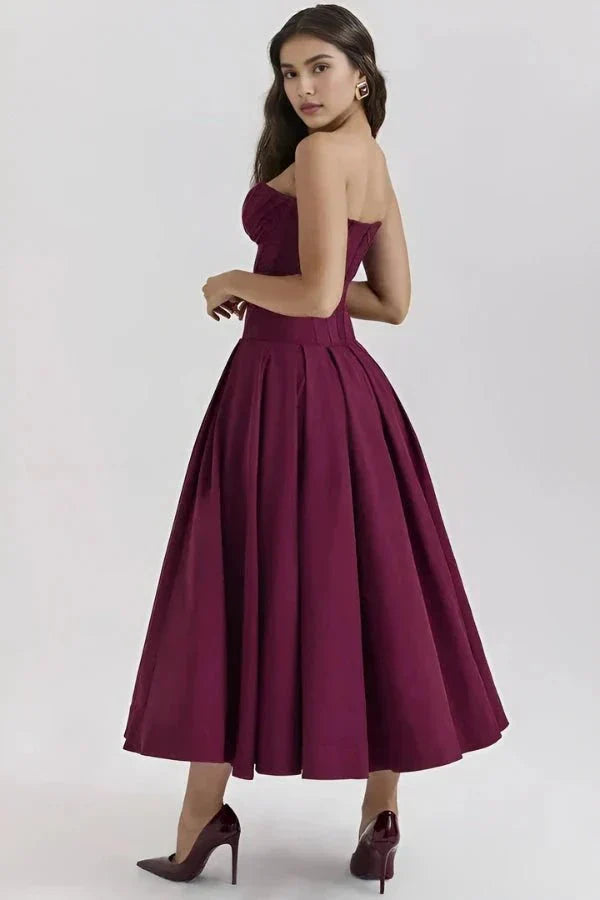 Strapless Structured Midi Dress for Women | Elegant Wedding Guest Attire | Formal Event Outfit in Classic Design