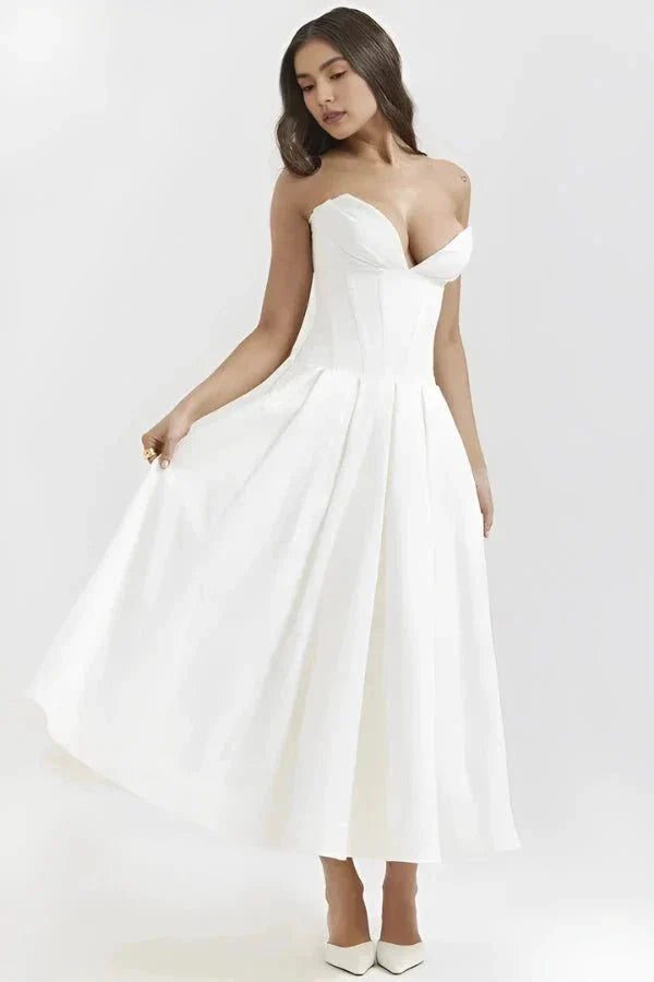 Strapless Structured Midi Dress for Women | Elegant Wedding Guest Attire | Formal Event Outfit in Classic Design