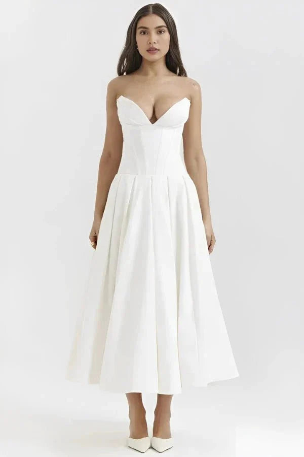 Strapless Structured Midi Dress for Women | Elegant Wedding Guest Attire | Formal Event Outfit in Classic Design