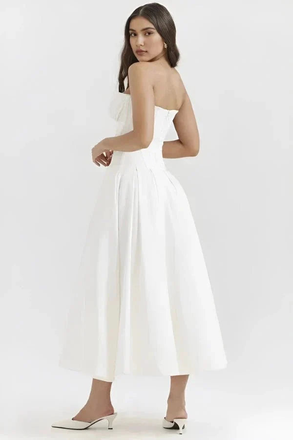 Strapless Structured Midi Dress for Women | Elegant Wedding Guest Attire | Formal Event Outfit in Classic Design