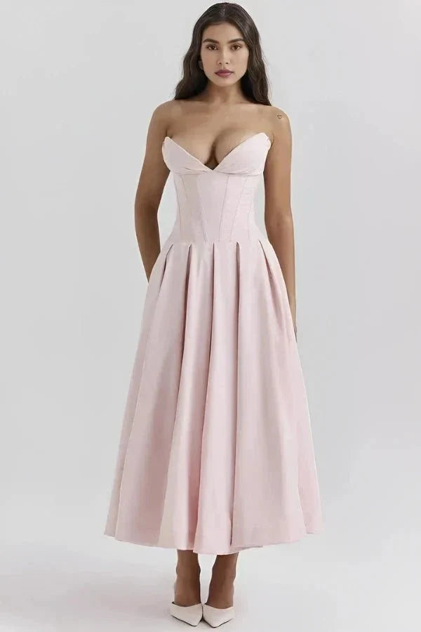 Strapless Structured Midi Dress for Women | Elegant Wedding Guest Attire | Formal Event Outfit in Classic Design