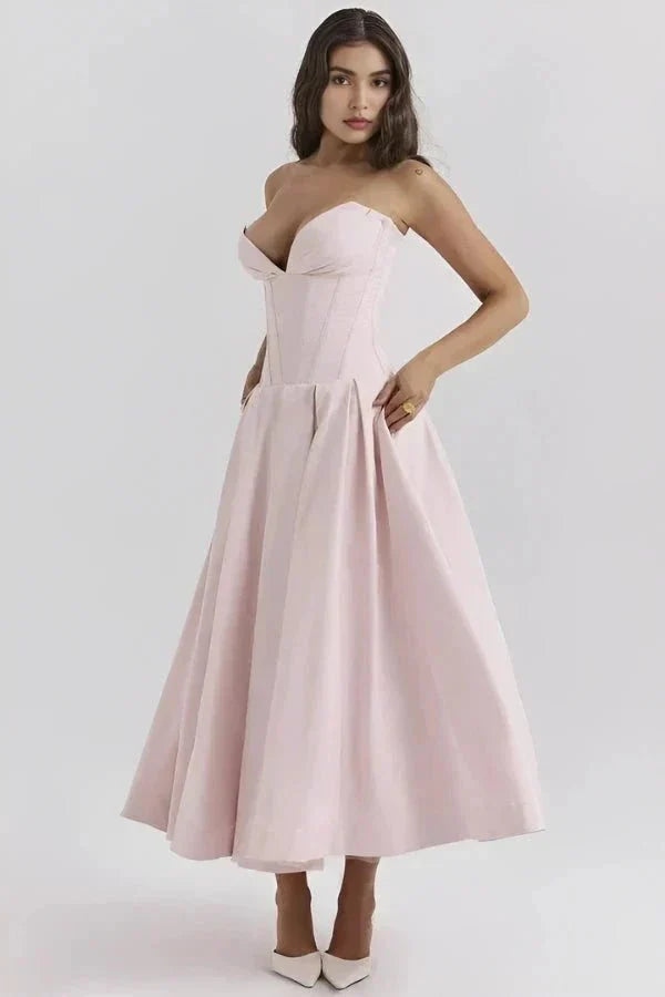 Strapless Structured Midi Dress for Women | Elegant Wedding Guest Attire | Formal Event Outfit in Classic Design