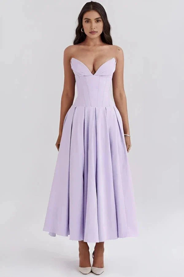 Strapless Structured Midi Dress for Women | Elegant Wedding Guest Attire | Formal Event Outfit in Classic Design