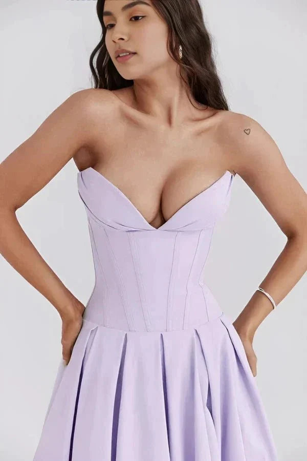 Strapless Structured Midi Dress for Women | Elegant Wedding Guest Attire | Formal Event Outfit in Classic Design