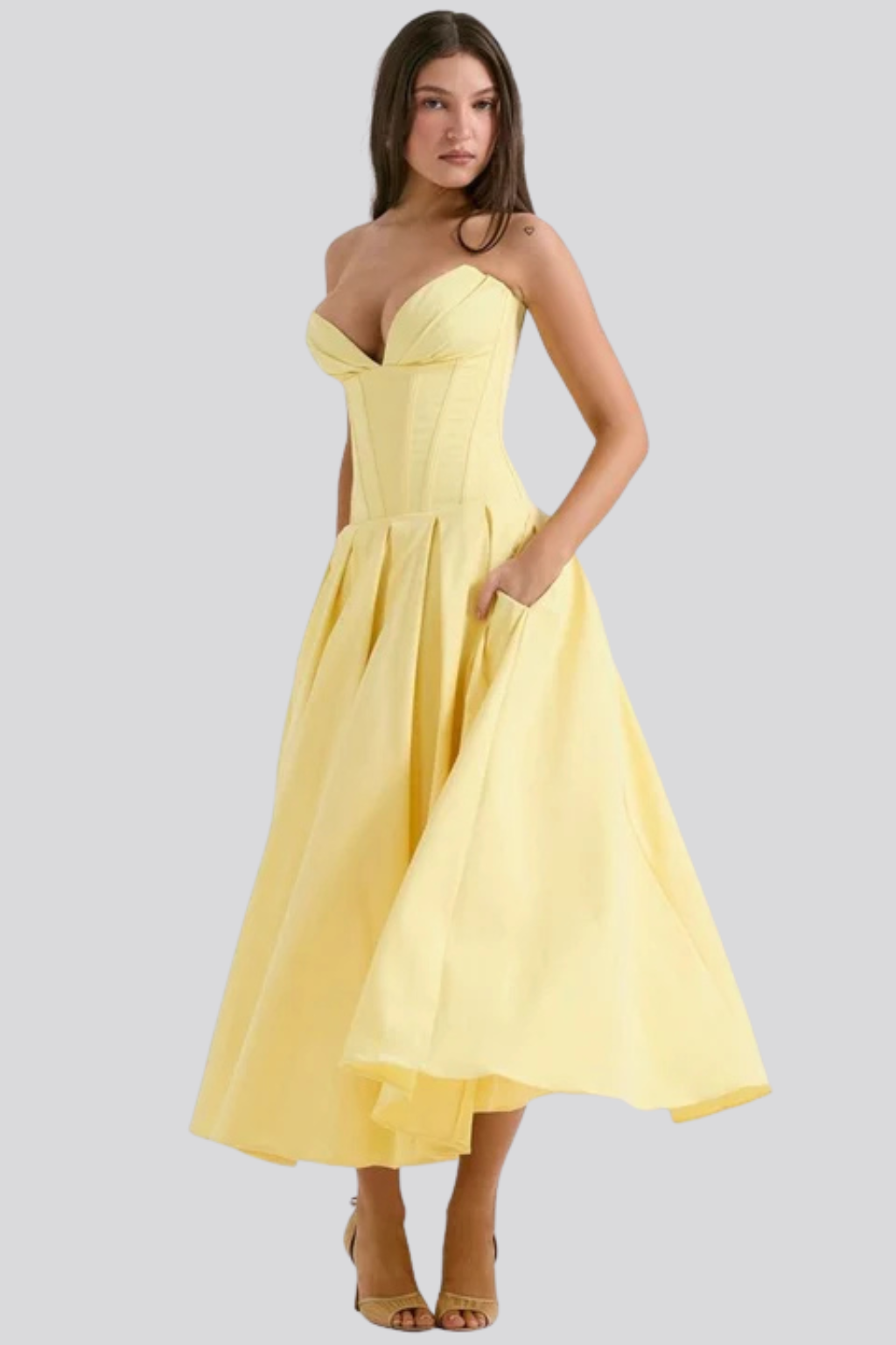 Strapless Structured Midi Dress for Women | Elegant Wedding Guest Attire | Formal Event Outfit in Classic Design