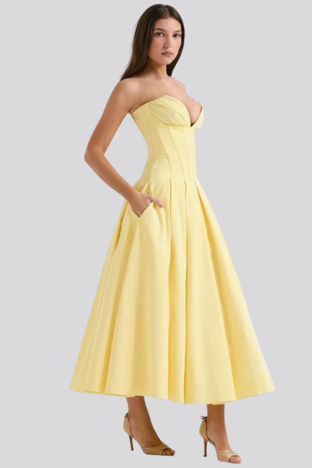 Strapless Structured Midi Dress for Women | Elegant Wedding Guest Attire | Formal Event Outfit in Classic Design