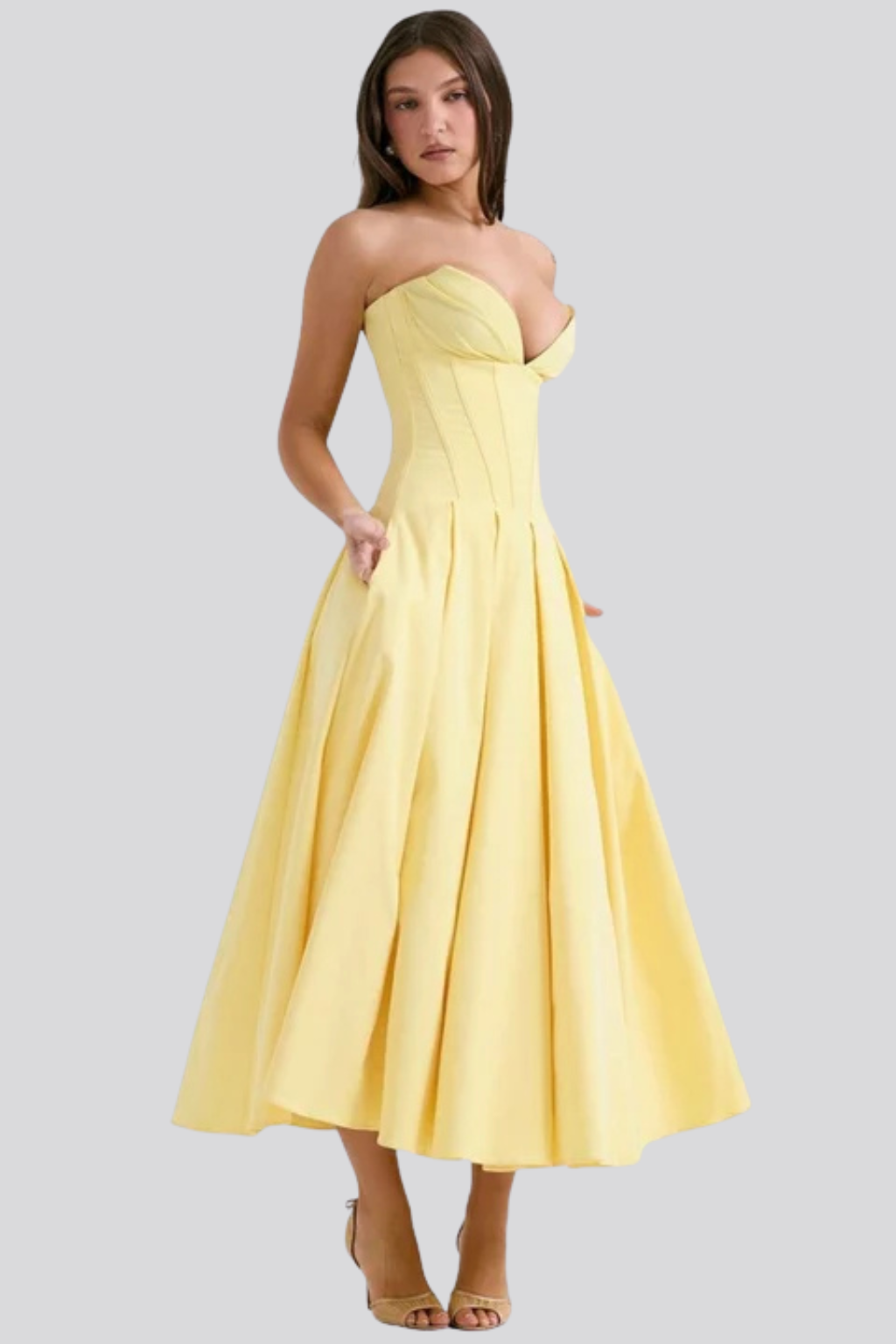 Strapless Structured Midi Dress for Women | Elegant Wedding Guest Attire | Formal Event Outfit in Classic Design