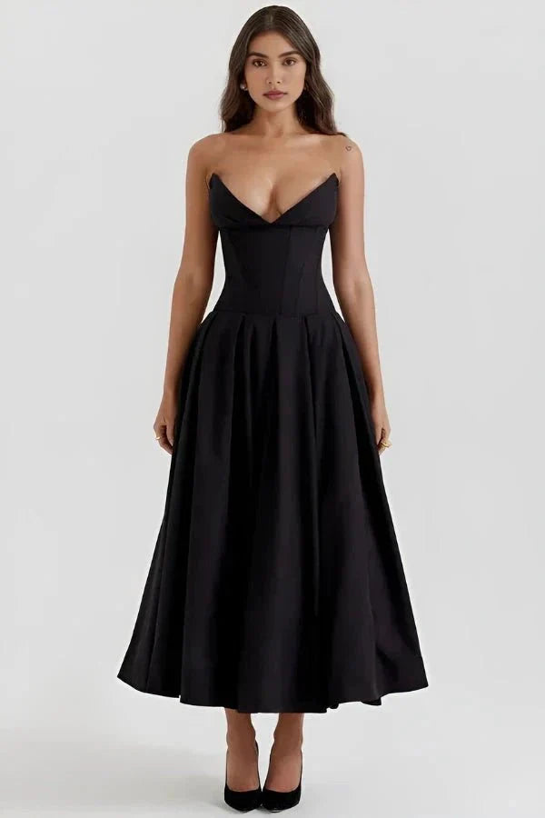Strapless Structured Midi Dress for Women | Elegant Wedding Guest Attire | Formal Event Outfit in Classic Design