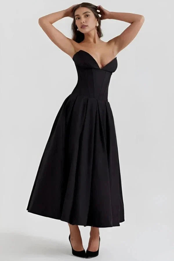 Strapless Structured Midi Dress for Women | Elegant Wedding Guest Attire | Formal Event Outfit in Classic Design