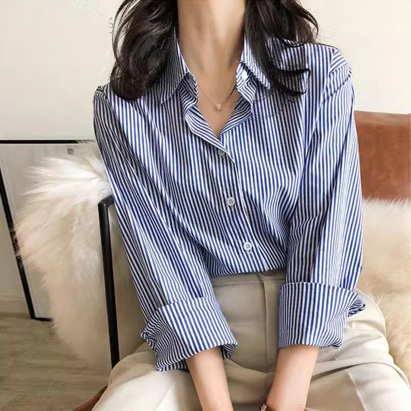 Striped Long Sleeve Blouse for Women | Button Down Design | Casual or Office Wear | Lightweight Fabric
