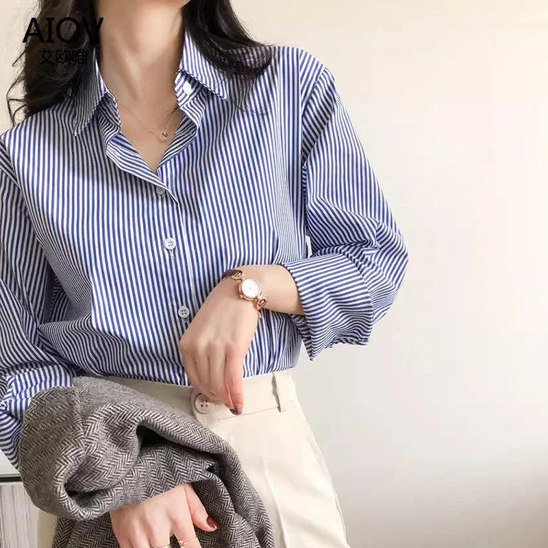 Striped Long Sleeve Blouse for Women | Button Down Design | Casual or Office Wear | Lightweight Fabric