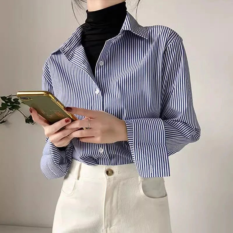 Striped Long Sleeve Blouse for Women | Button Down Design | Casual or Office Wear | Lightweight Fabric